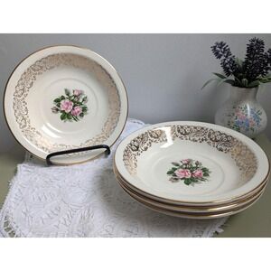 Set of 4 Vintage Tudor Rose Soup Bowls, Pink Floral China, Shabby Chic Tableware